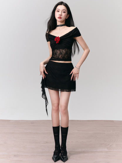 Floyd Rose Lace Slim Off-Shoulder Top &amp; Ruffle Skirt