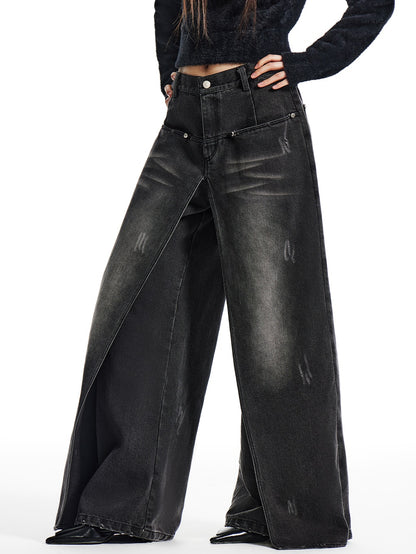 Washed Layered Design Wide-leg Jeans