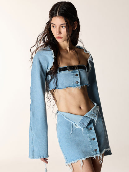 Leicht gewaschener Denim Bolero &amp; Tube Top &amp; Micro Minirock