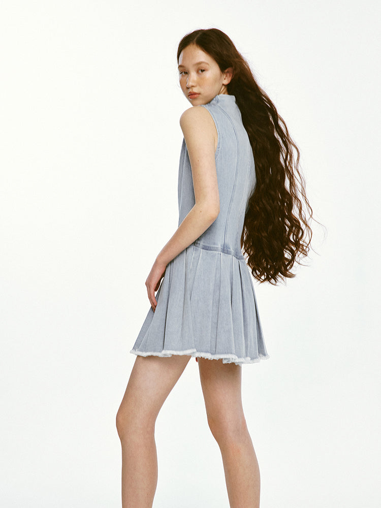 Sleeveless Pleated Denim Dress