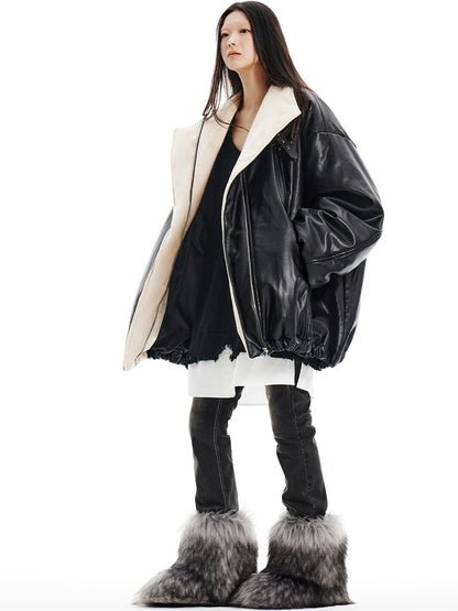 Oversize Silhouette Velvet Lined PU Leather Jacket