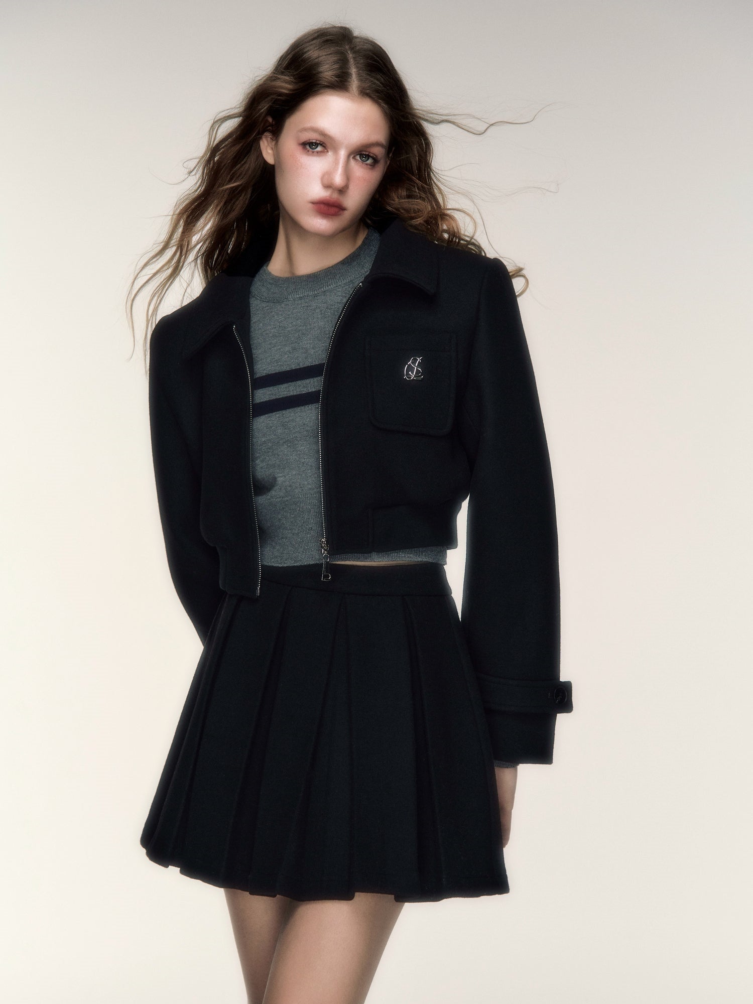 College Style Short Jacket &amp; Pleated Skirt