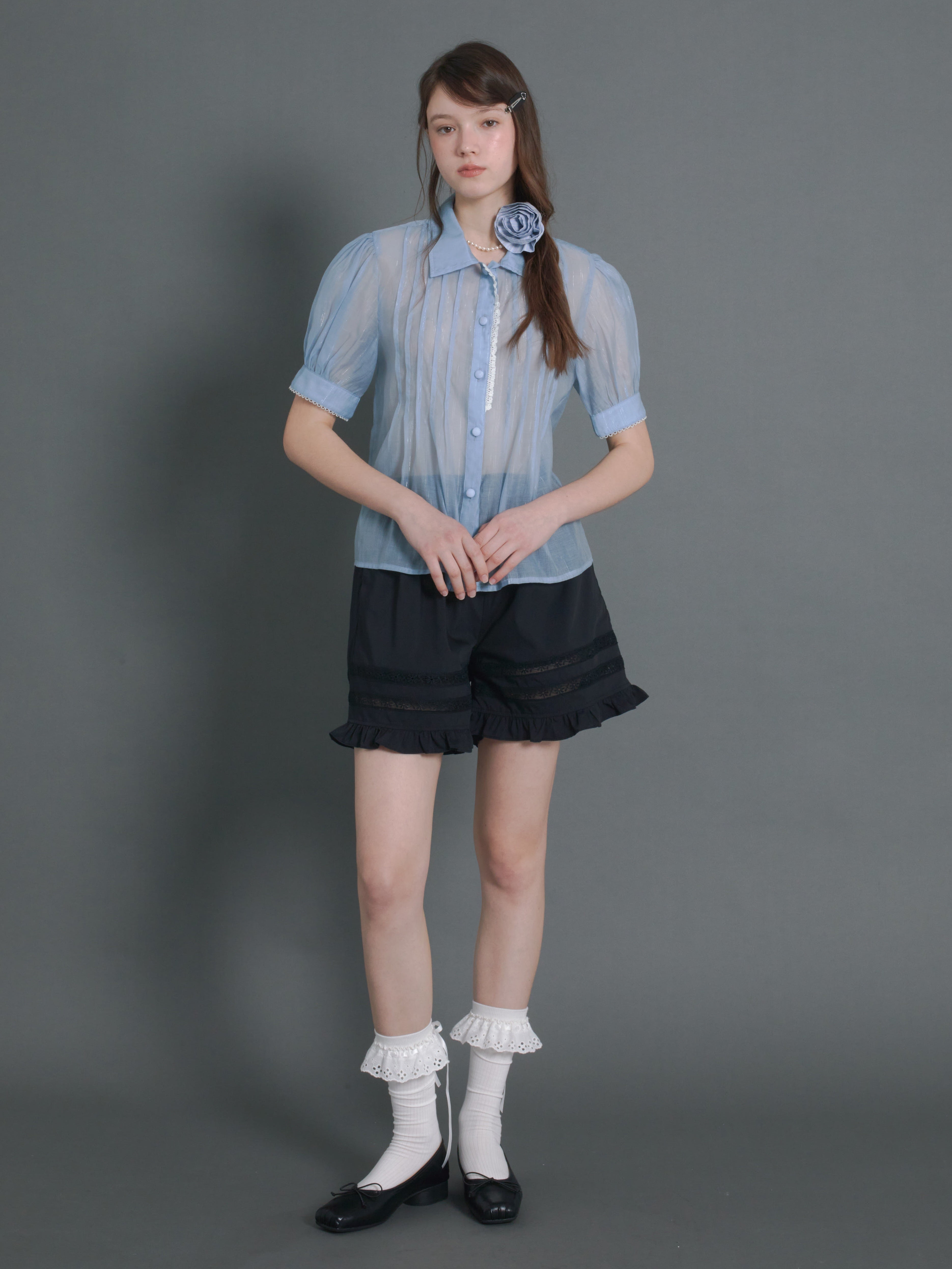 Pin Tuck Puff Sleeve Sheer Blue Shirt