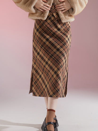 Retro Plaid High Waist Slit Hip Skirt