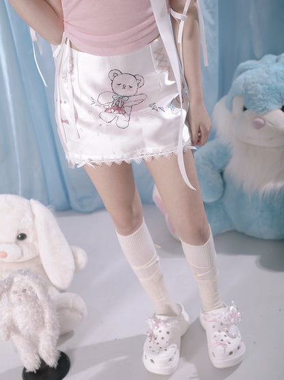 Cute Bear Print Bow Short Skirt