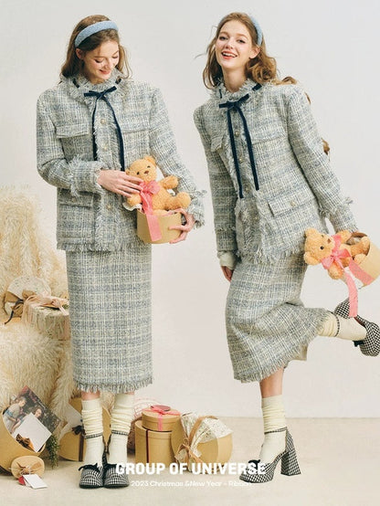 Loose Silhouette Tweed No-Collar Jacket ＆ Mid-Length Skirt