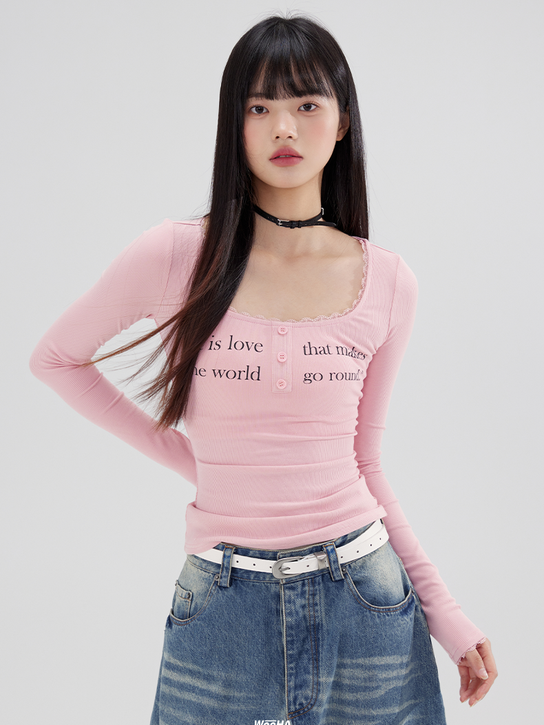 Elastic Tight-fitting Letter Printed Bottoming Shirt