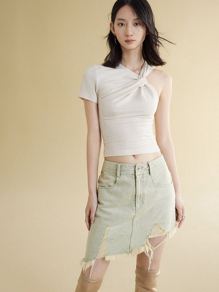 Raw Edge Short Denim Skirt