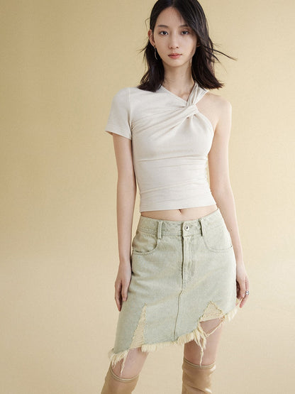 Raw Edge Short Denim Skirt