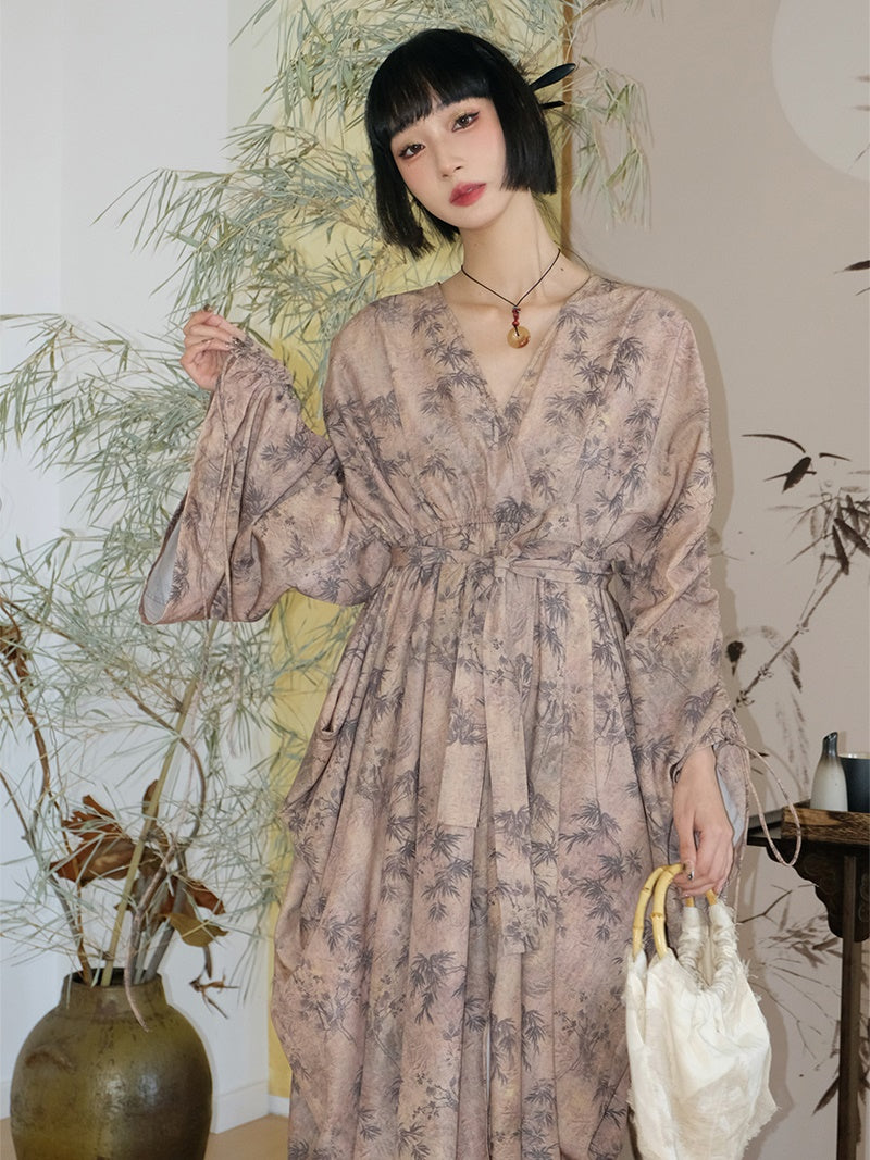 Chinese Style V-Neck Wide Gather Sleeve Dress