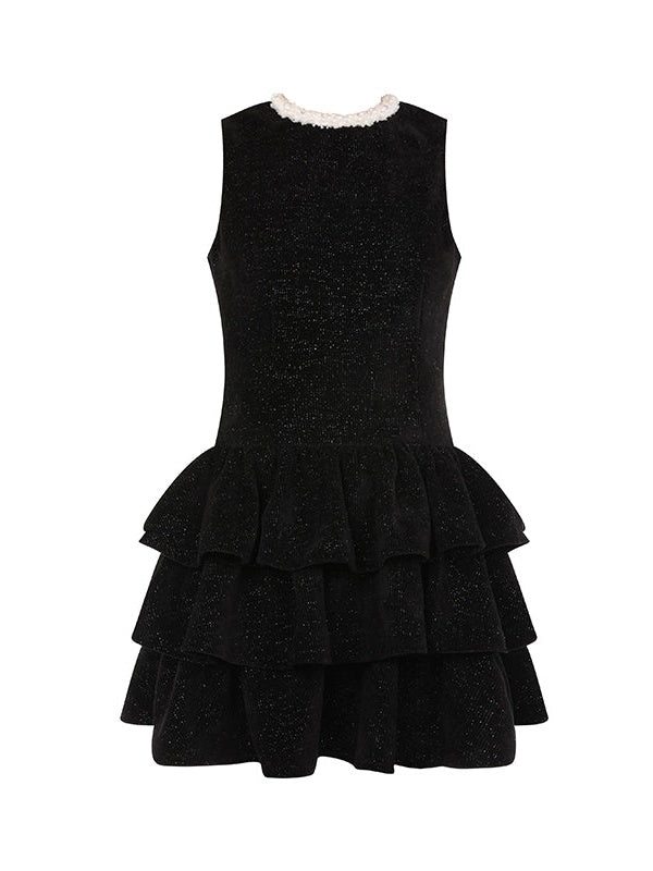 Glitter Velvet Pearl Collar Cake Sleeveless Dress