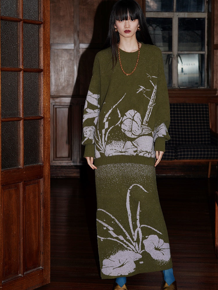 Loose Flower Jacquard Knitted Sweater &amp; Skirt