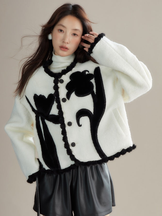 Tulip Embroidered Fur Ball Lace Short Coat