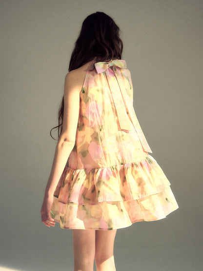 Floral Back Ribbon Hanging Neck Cake Dress