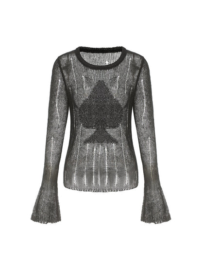 Spade Pattern Embroidered Mohair Sweater