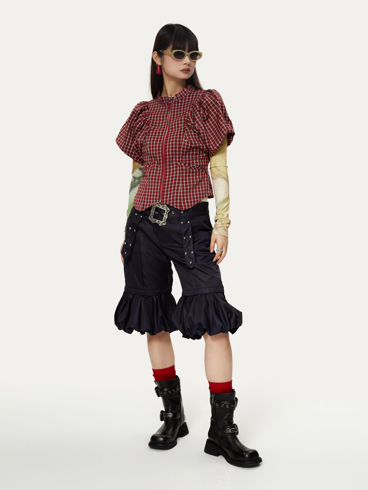 Plaid Flower Bud Short Sleeve Shirt