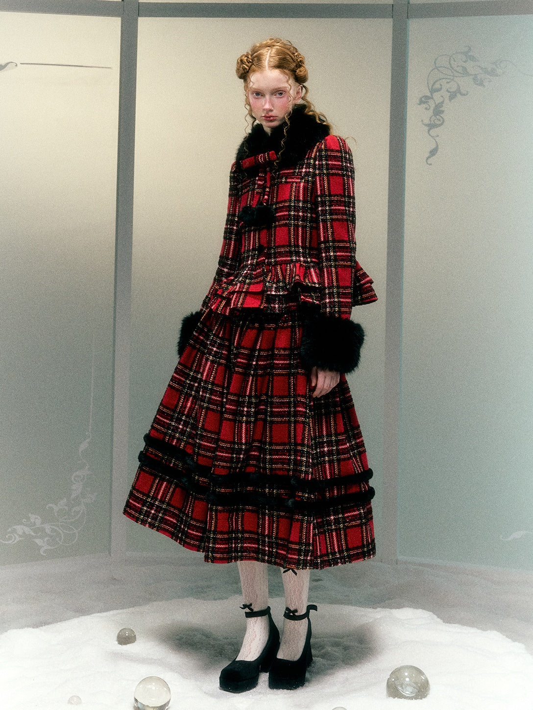 Plaid Detachable Fur Collar Fur Ball Short Coat &amp; Mid-Length Skirt