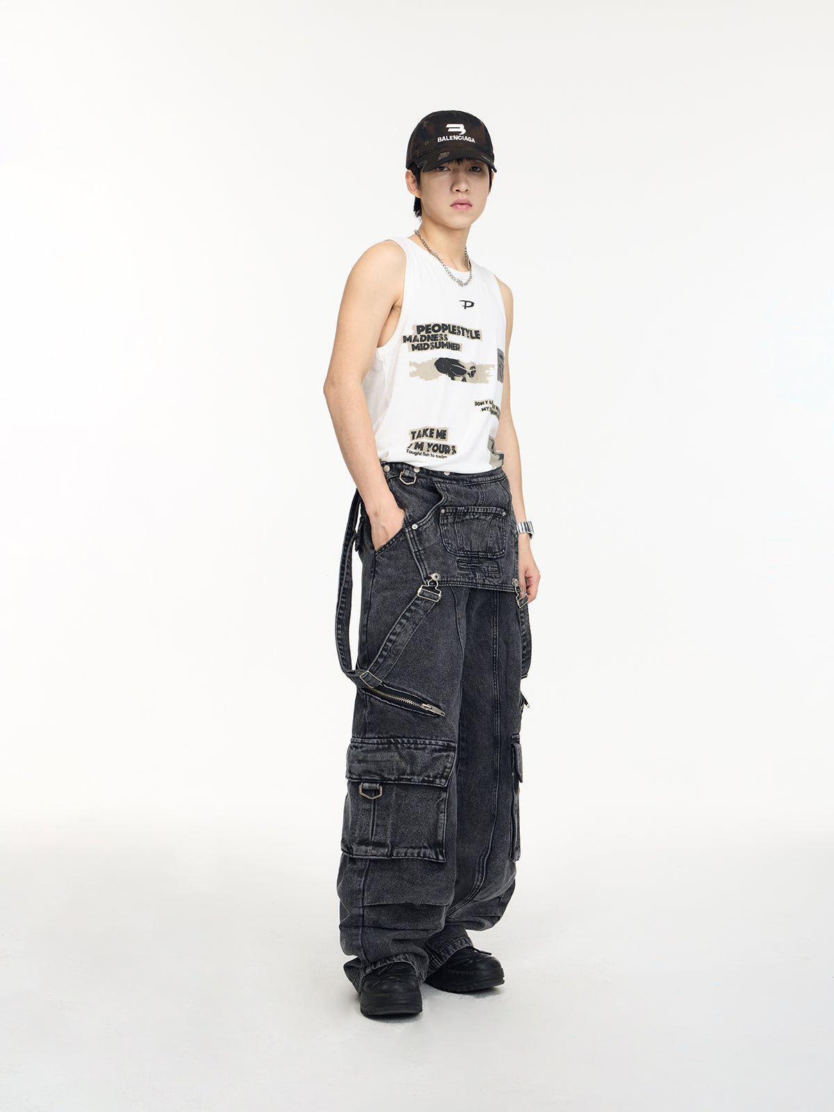 Retro Suspender Design Stitching Denim Pants