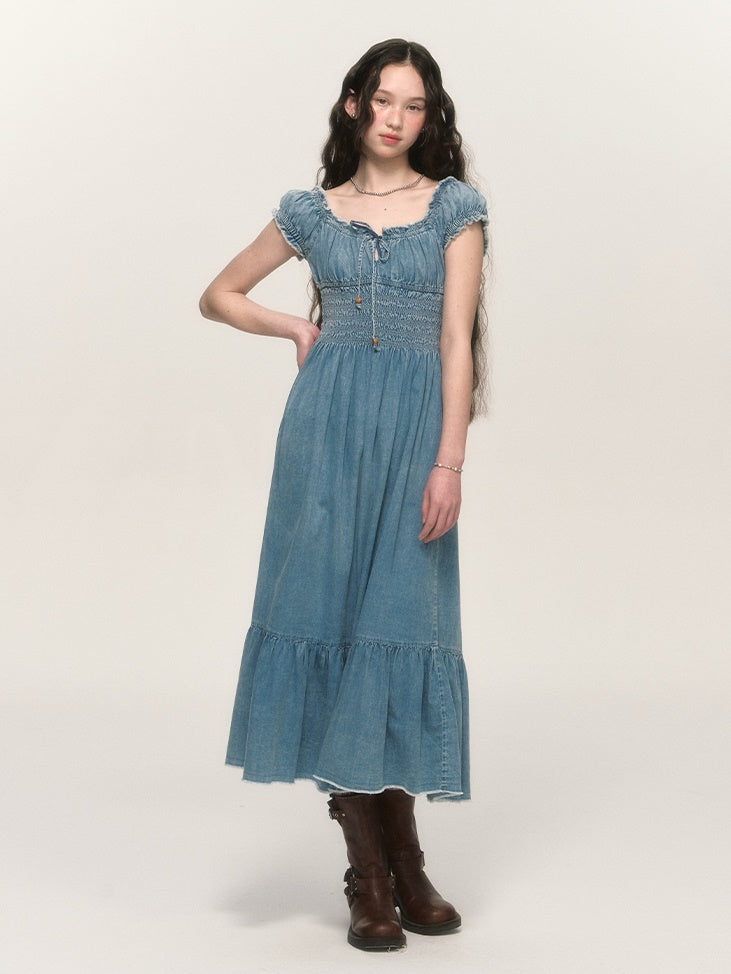 Retro Shirring Waist Washed Denim Puff Sleeve One-piece