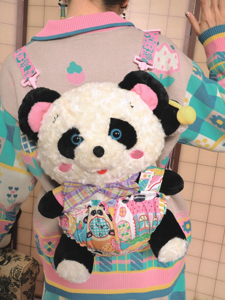 Retro Panda Plush Doll With Shoulder Strap