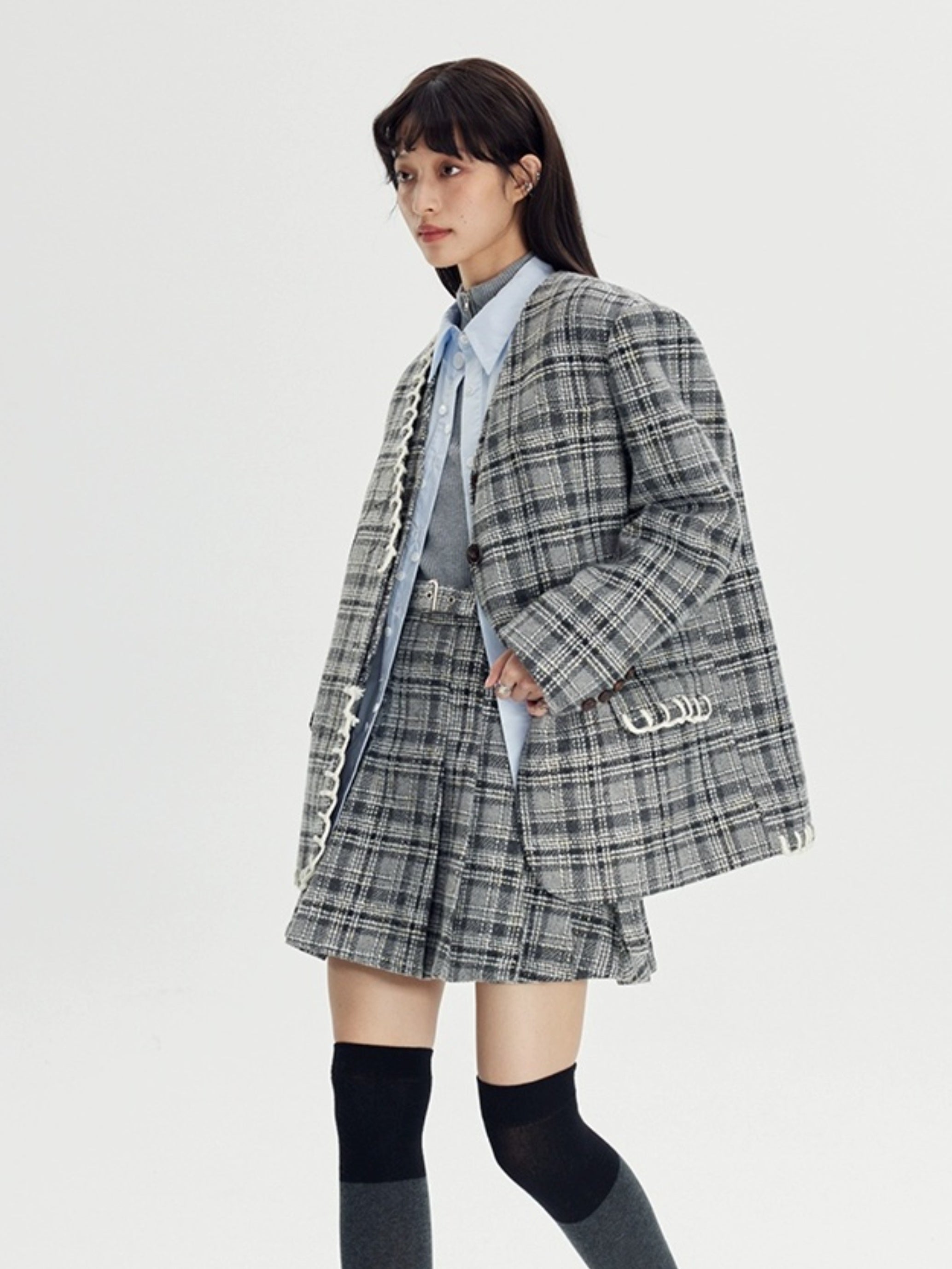 Woven Plaid No-Collar Jacket ＆ Vest ＆ Pleated Skirt