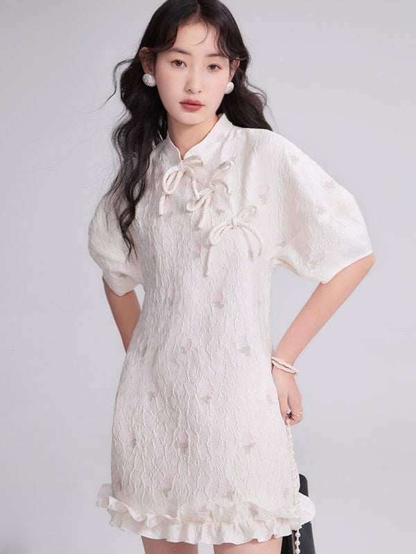 Mao Collar Jacquard Bow Dress