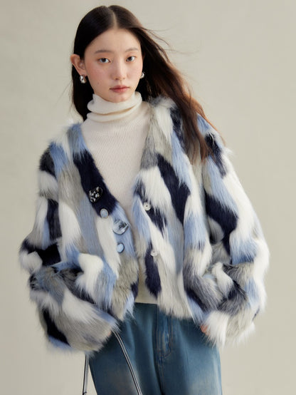 Contrast Color Eco-friendly Fur Short Furry Coat