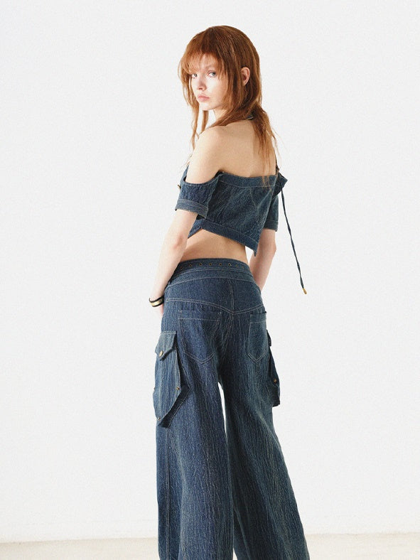 Denim-Asymmetrie-Halfter-Neck-Top-Top