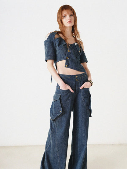 Denim Asymmetry Halter-neck Cropped Top