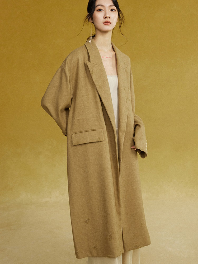 Drawstring Waist Frayed Long Coat