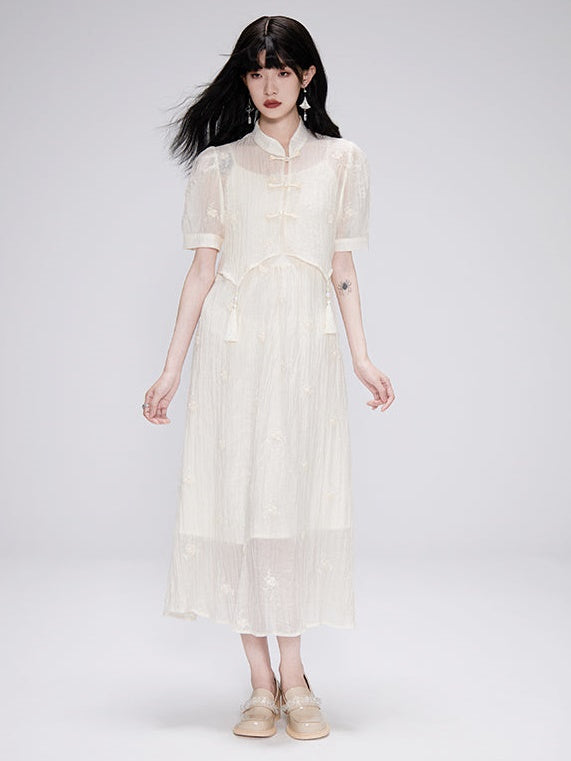 Embroidery Chinese Style Short-sleeved Top &amp; Sling Dress