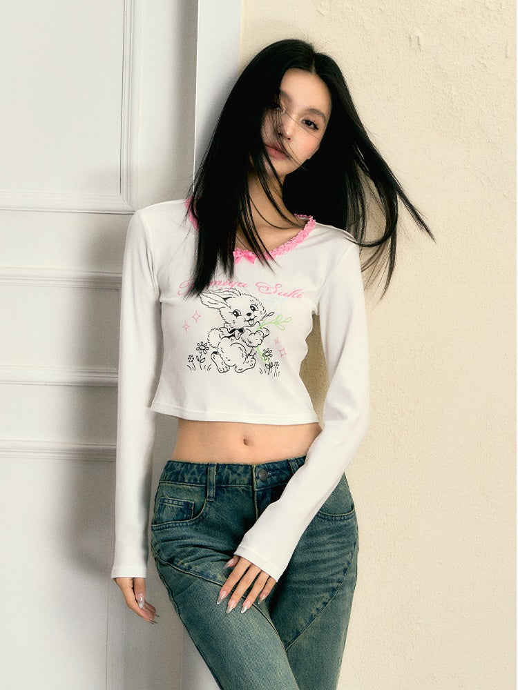 Rabbit Printed Lace Stitch Long-sleeved T-shirt