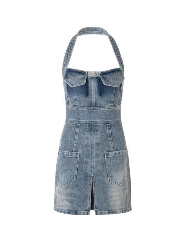 Halter Neck Denim Suspender Skirt