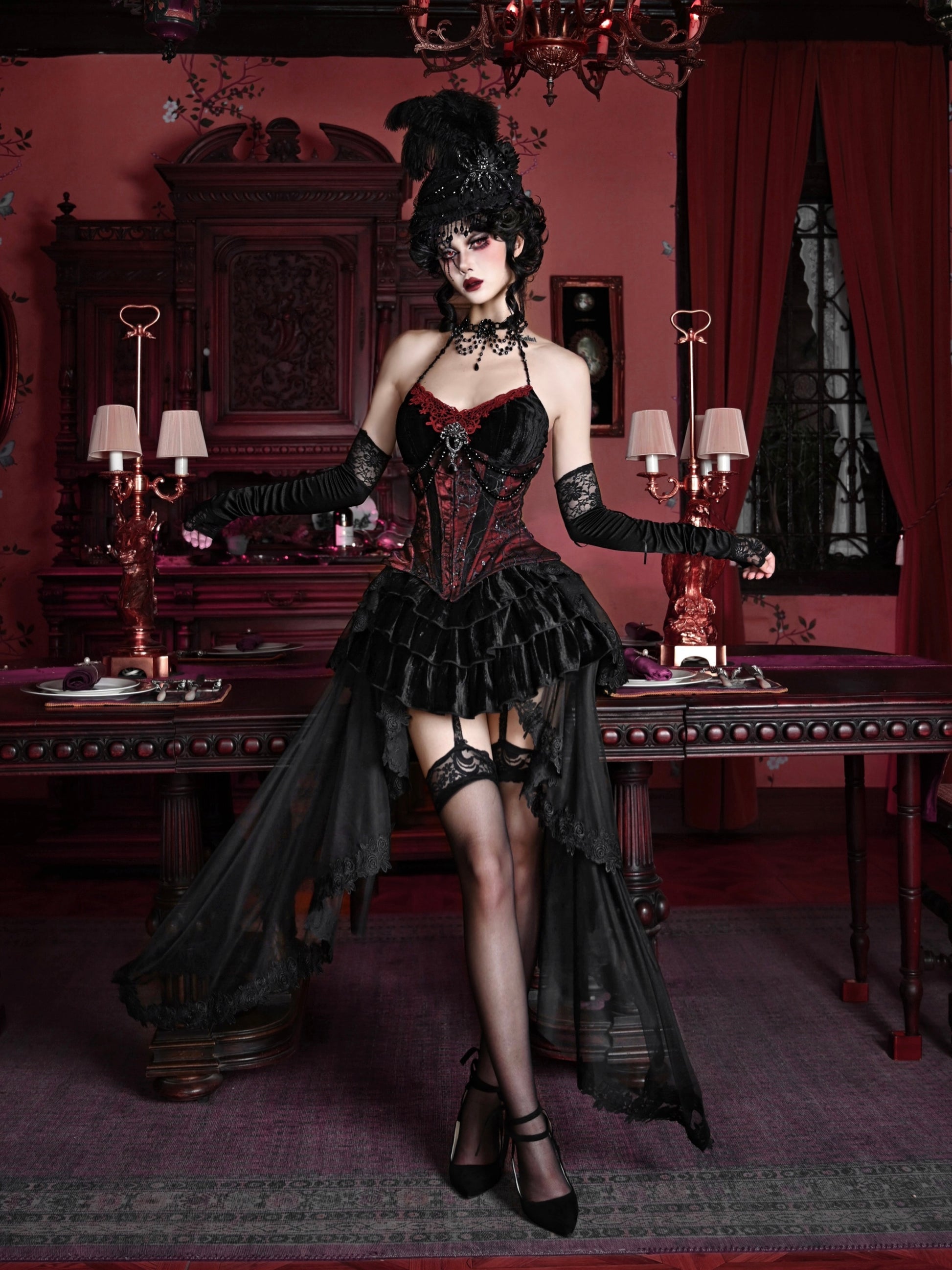 Gothic Velvet Fishbone Corset ＆ Bead Decoration Camisole & Tulle