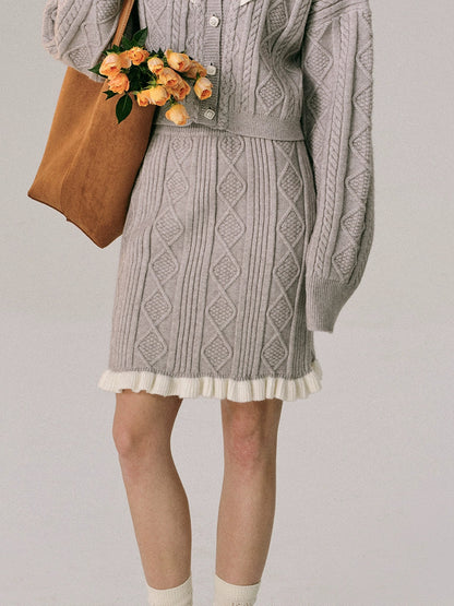 High Neck Crocheted Wood Ear Knitted Cardigan &amp; Skirt