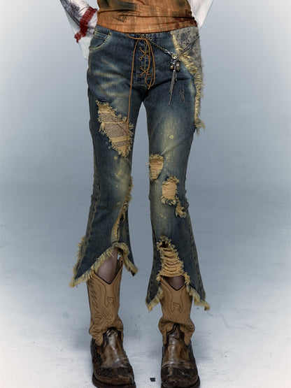 Patchwork Lace Ripped Washed Distressed Cropped Flared Denim Pants