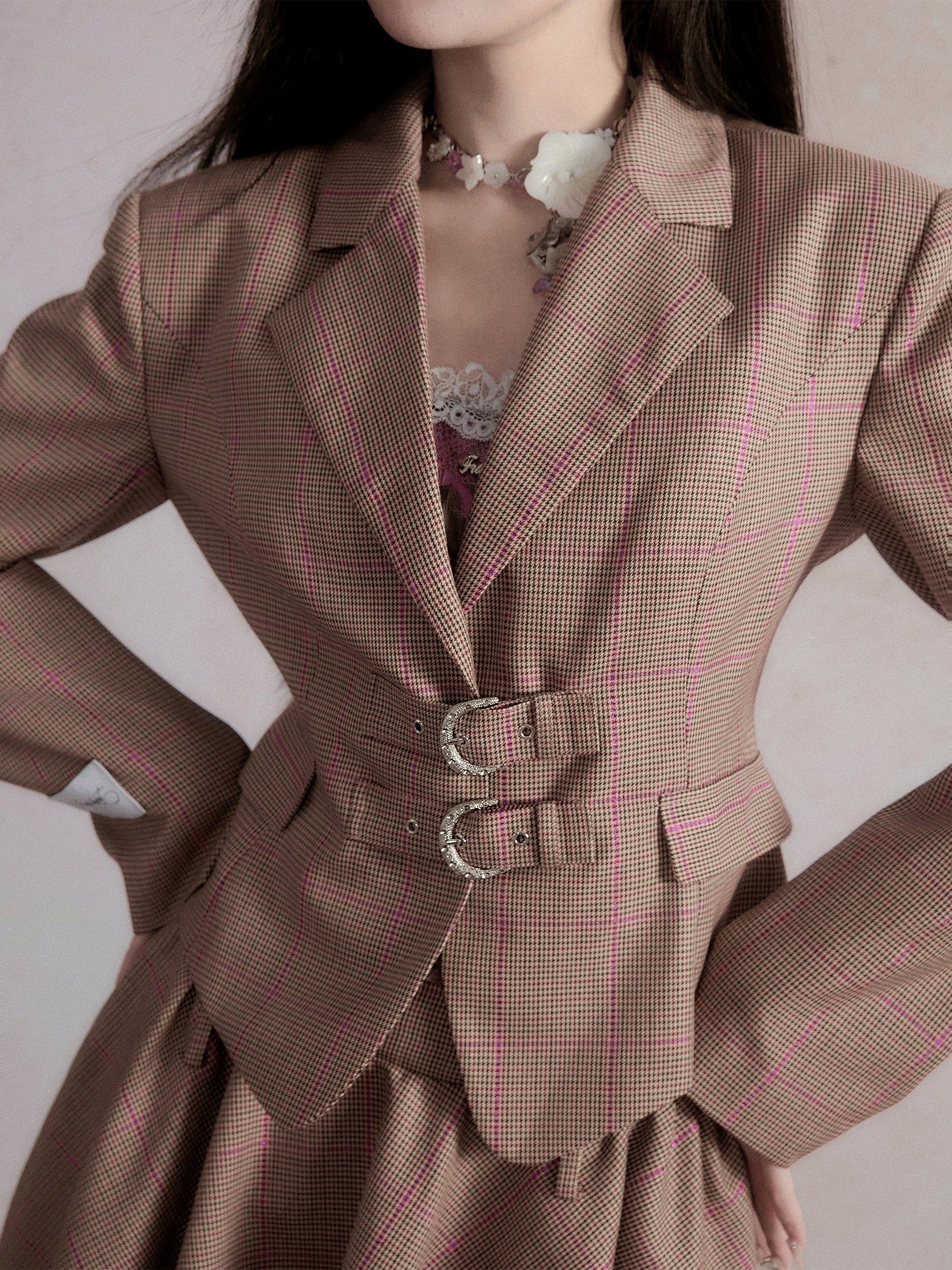 Retro Houndstooth Waist Strap Jacket ＆ Fishtail Skirt