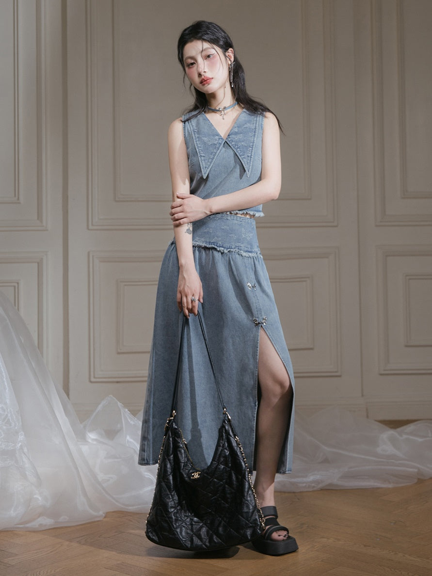 Butterfly Jacquard Denim Sleeveless Top &amp; Skirt Set-up