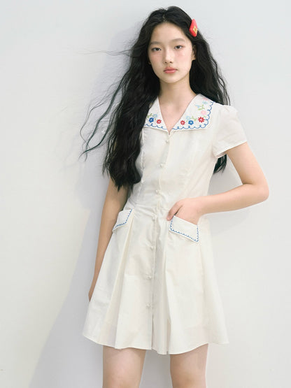 Flower Embroidery Waisted A-Line Shirt One-piece