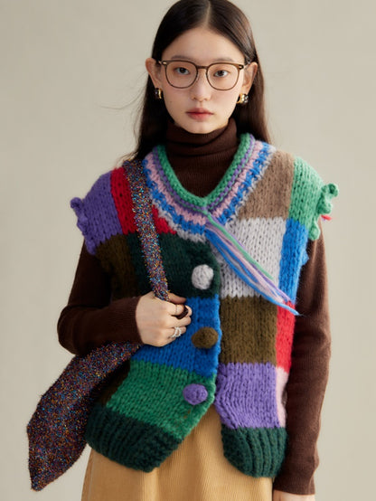 Patchwork Color Knitted Vest Cardigan