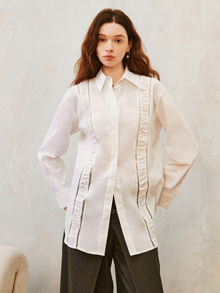 Retro Hollow Lace Stitching Pleated Shirt