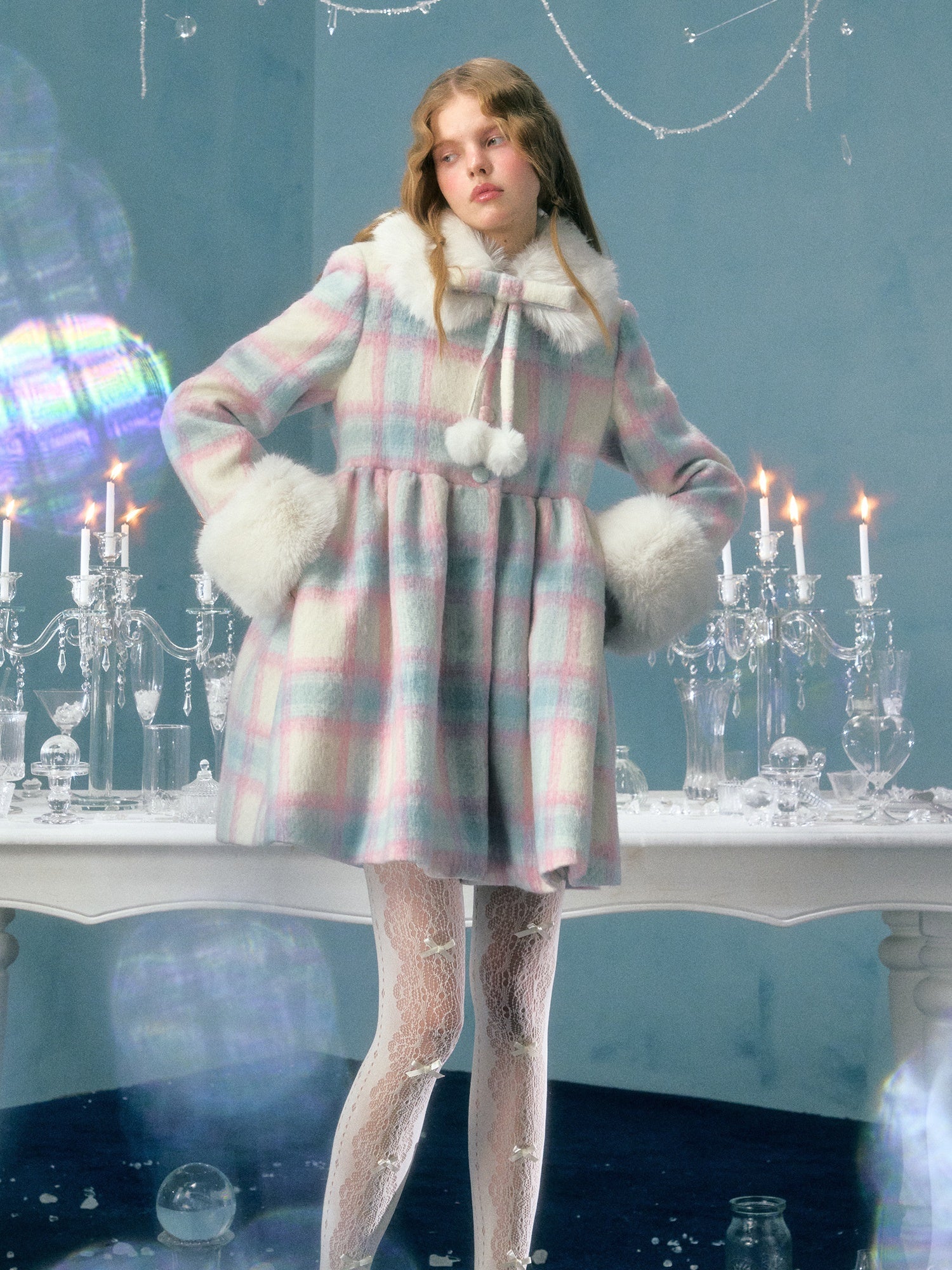 Plaid Fur Collar Detachable Mid-length Coat