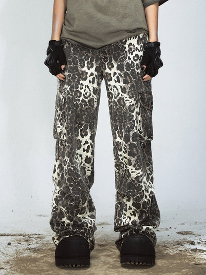 Leopard Print Multi-pocket Straight Cargo Pants