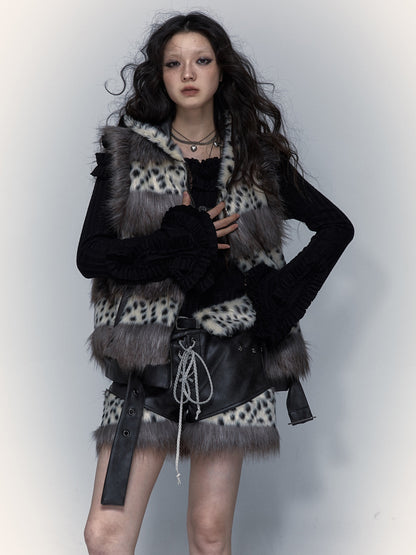 Removable Sleeve Hooded Leopard Print Eco-friendly Fur Jacket