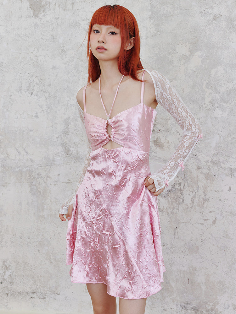 Shiny Hollow Suspender Dress &amp; Lace Sleeve