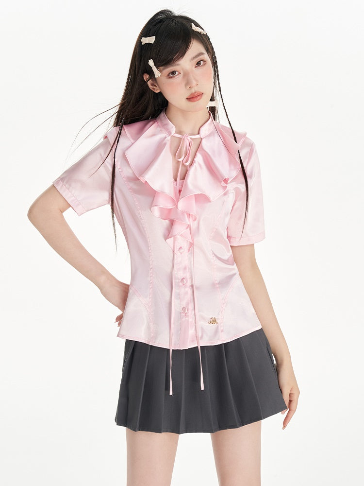 Lotus Ruffled Tie Short-sleeved Shirt