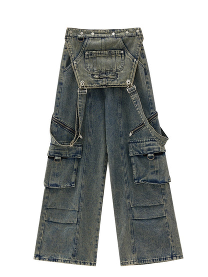 Detachable Distressed Washed Multi-pocket Salopette Pants