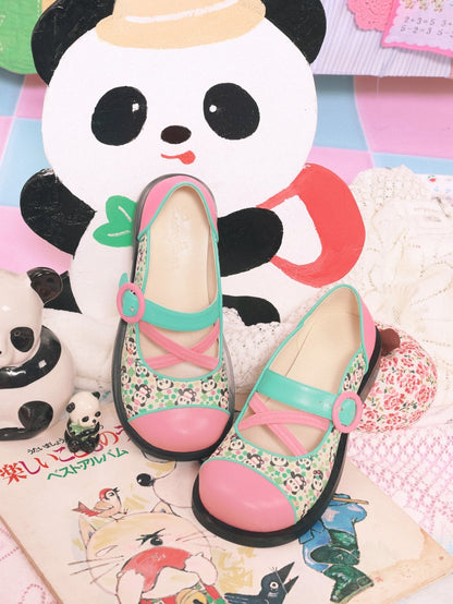 Contrast Panda Printed Leather Strap Shoes