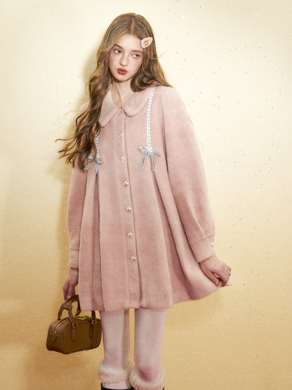 Doll Collar Stitching Bow A-Line Coat