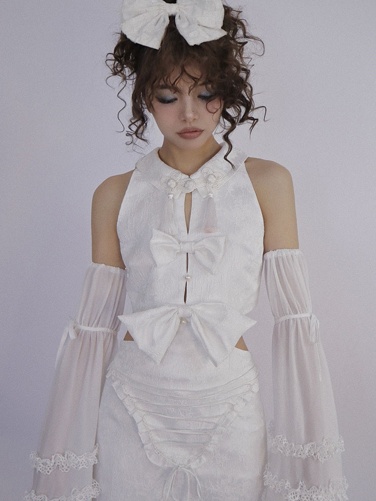 Ribbon Embroidery Arm-cover Frill Body-Suit